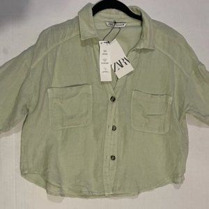 ZARA Green button-down crop top size Medium 100% linen NWT